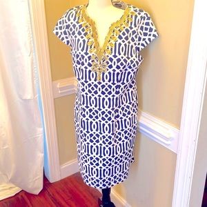 Mud Pie Navy Blue White Gold Embroidered Dress
